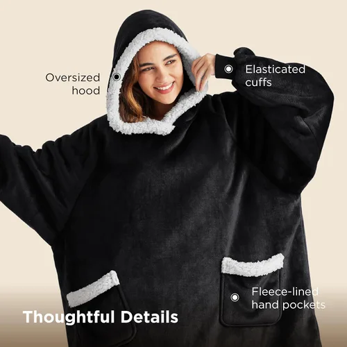 Miniatura 7 de Bedsure Manta con capucha, manta con capucha portátil como regalos para mamá, regalos de cumpleaños para mujeres, niños, adolescentes, sudadera Negro