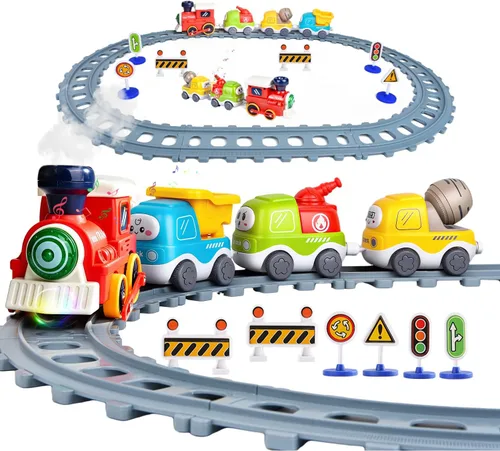 Juego de tren eléctrico para niños pequeños, juguetes de tren con luces, sonido musical realista, espray de vapor, señal de tráfico, conexión