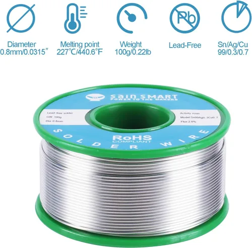 Miniatura 2 de SainSmart Alambre de soldadura sin plomo de 3.53 oz 0.031 in con Rosin2 Sn97 Cu0.7 Ag0.3, soldadura de alambre de estaño para soldadura eléctrica
