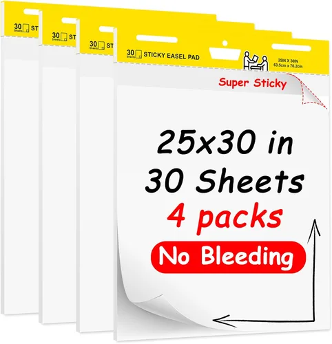 Caballete súper pegajoso blanco, 25 x 30 pulgadas, papel de caballete autoadhesivo grande, 30 hojas/bloc, paquete de 4 para profesores, hombres de