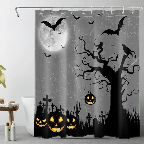 Miniatura 17 de EOBTAIN Cortina de ducha de cielo nocturno azul de Halloween para baño, espeluznante calabaza y murciélago en árbol muerto en cementerio aterrador