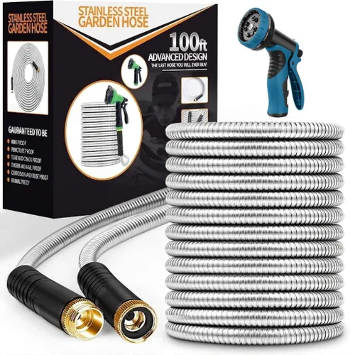 Miniatura 9 de Manguera de jardín de 25 pies, manguera de agua resistente de acero inoxidable con boquilla de 10 funciones, flexible, ligera, sin torceduras, a