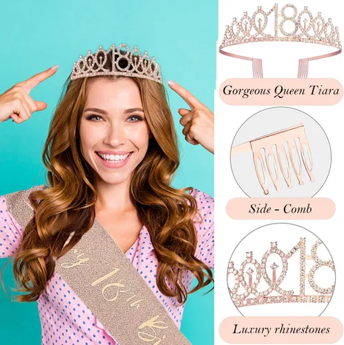Miniatura 3 de Decoraciones de cumpleaños número 18 para niñas, incluyendo banda de reina de regalos de feliz cumpleaños número 18 con alfiler de perlas, corona