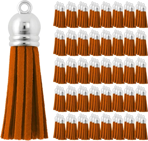 Miniatura 93 de Mandala Crafts 100 borlas de gamuza sintética color aguamarina con tapa dorada, suministros para hacer llaveros a granel, pequeñas borlas de cuero