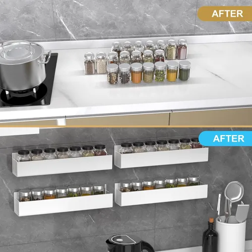 Miniatura 7 de PMMASTO Organizador de especias acrílico adhesivo para pared con cinta nano de doble cara, organización de estante de especias para puerta de Blanco