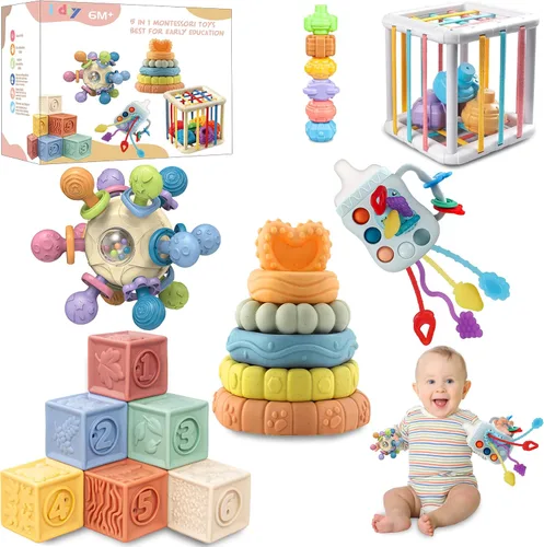Juguetes para bebés de 0 a 6 a 12 meses, juguetes Montessori para bebés de 0 a 6 a 12 a 18 meses, incluye juguete de cuerda y clasificador de formas