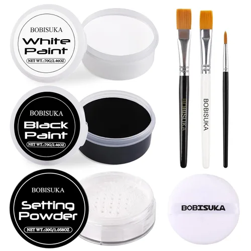 BOBISUKA Pintura facial en blanco y negro + polvo de fijación + 3 pinceles de artista, kit de pintura facial para adultos, gran capacidad, paleta de