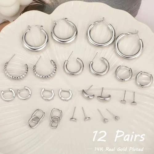 Miniatura 6 de Juego de 12 pares de aretes de aro de oro para mujer, chapados en oro de 14 quilates, ligeros, trenzados, gruesos, paquete para regalo