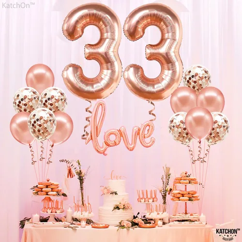 Miniatura 8 de KatchOn, Globos de oro rosa con el número 33, 40 pulgadas, decoraciones de cumpleaños número 33 para mujer, globo de cumpleaños 33 con globos