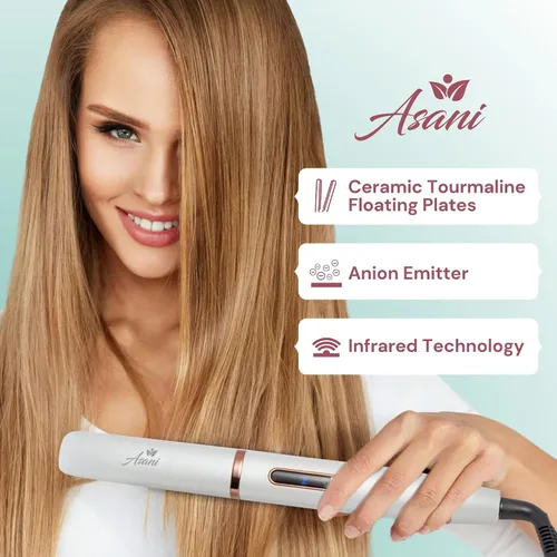 Miniatura 2 de Asani Plancha plana 2 en 1 para alisar y rizar el cabello, tecnología de iones negativos, revestimiento de cerámica antiencrespamiento, 5 ajustes