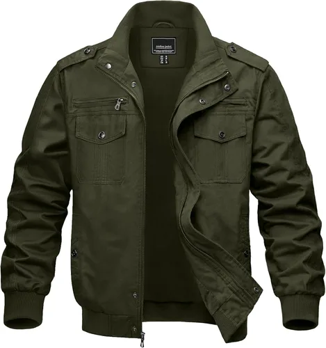 Miniatura 10 de MAGNIVIT Chaqueta cortavientos militar ligera para hombre con cuello parado, cierre frontal, 7 bolsillos - Algodón Negro