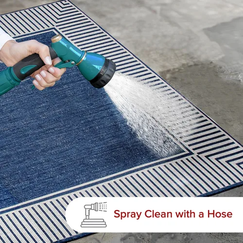 Miniatura 8 de nuLOOM Tapete de área para exteriores, diseño informal con borde a rayas, resistente a las manchas, altamente duradero, para patio, balcón, Azul