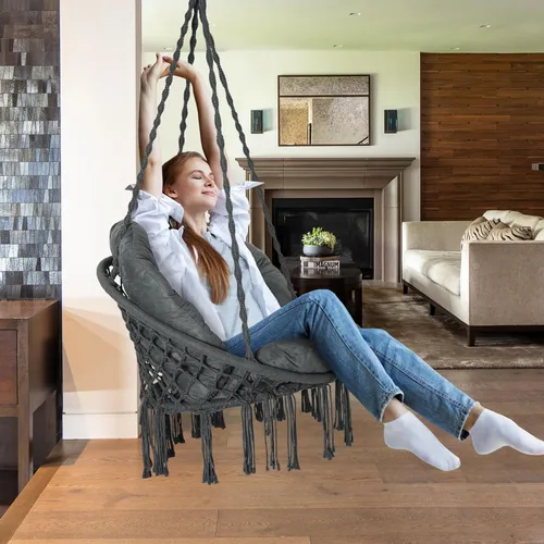 Miniatura 2 de Silla hamaca con cojín, silla columpio de macramé hecha a mano con kits de herrajes para colgar, silla colgante de cuerda de algodón estilo bohemio