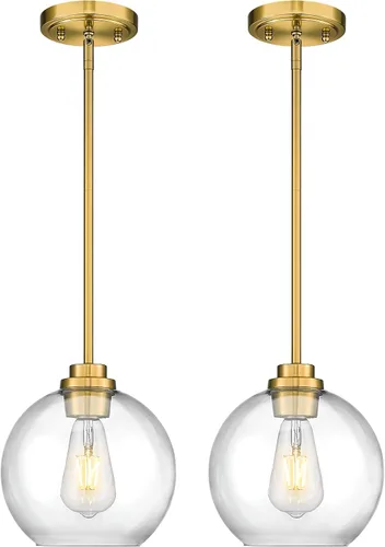 Miniatura 21 de Luces Colgantes de Latón para Isla de Cocina Paquete de 2, Luz Colgante Dorada Estilo Granja con Pantalla de Globo de Vidrio Transparente