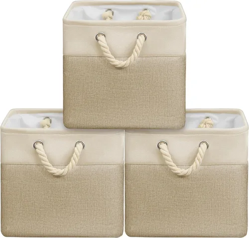 Miniatura 8 de Simple Houseware Cubos de almacenamiento de tela grandes de 13 x 13 pulgadas para armario y organizador de cubos, paquete de 3, color beige
