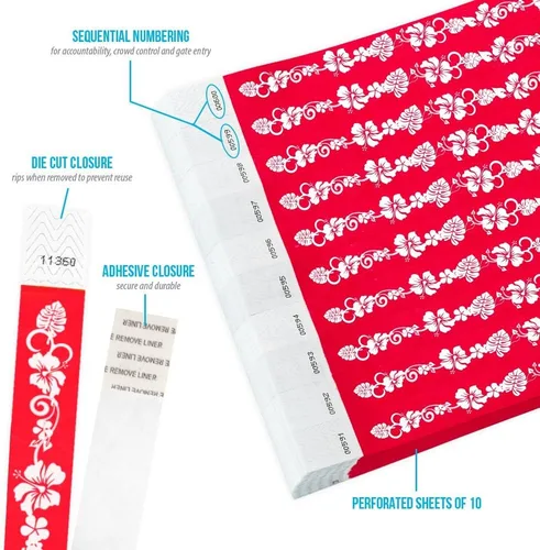 Miniatura 2 de 500 pulseras Tyvek de flores hawaianas rojas de Wristco para eventos, cómodas pulseras de papel resistentes a desgarros, pulseras de identificación