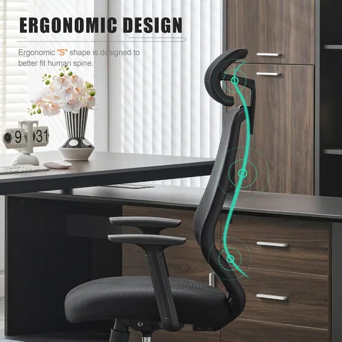 Miniatura 5 de Okeysen Silla de oficina ergonómica de malla, silla giratoria de computadora con respaldo alto con reposacabezas ajustable 2D, soporte lumbar