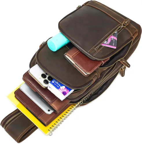 Miniatura 9 de LANNSYNE Bolso bandolera de cuero de grano completo para hombre, mochila cruzada para el pecho para iPad de 10.5 pulgadas