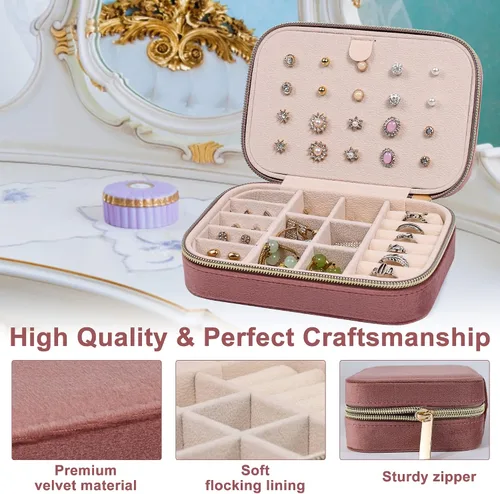 Miniatura 4 de Dajasan Joyero de terciopelo, pequeño estuche de joyería de viaje, organizador de joyas portátil de viaje para mujeres y niñas (rosa)