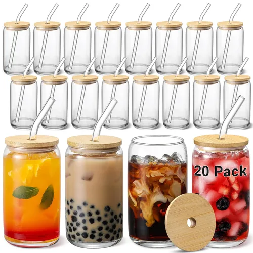Miniatura 8 de [Juego de 12 piezas] Vasos de vidrio con tapas de bambú y popote de vidrio, vasos para beber en forma de cerveza, vasos de café helado de 16 onzas
