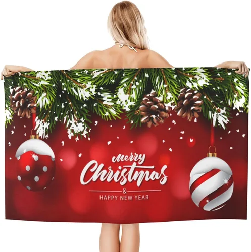 Miniatura 2 de Toalla de baño de bola de Navidad, toallas de playa rojas de abeto, suaves y absorbentes, de secado rápido, toalla de calidad de hotel de lujo