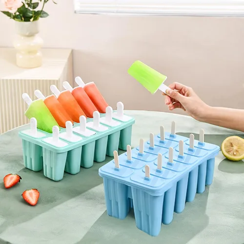 Miniatura 8 de Moldes de silicona para paletas con palitos de 12 cavidades, molde para helado con cepillo limpio, 12 varillas reutilizables, 50 varillas, 50 Azul