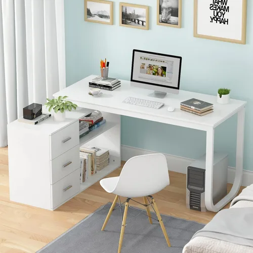 Homsee Escritorio de esquina para computadora de oficina en casa con 3 cajones y 2 estantes, mesa de estudio grande en forma de L de 55 pulgadas con
