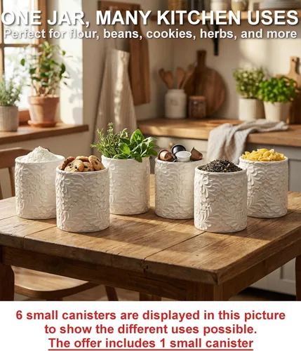 Miniatura 3 de Pequeño recipiente de cocina de cerámica grabado - Frascos de almacenamiento con tapas herméticas hechas de bambú con grabado inspirado