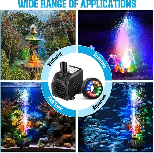 Miniatura 2 de Bomba de agua sumergible de 45 W 2700 l/h para fuente con luz, elevación de 8.86 pies, bomba de fuente ultra silenciosa con 3 boquillas