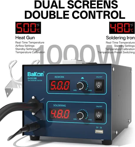Miniatura 2 de BAKON 852MX C210 - Estación de retrabajo de aire caliente de 1000 W, diseño ultra silencioso, pantalla digital, control preciso de temperatura