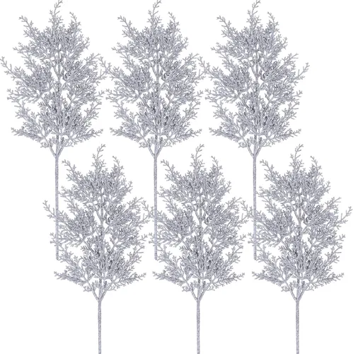 Miniatura 2 de Winlyn 6 piezas de cedro artificial con purpurina en aerosol plateado de Navidad, ramas de pino de cedro sintético, arreglos florales plateados