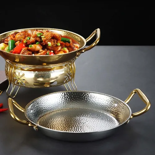 Miniatura 3 de RSBFER Paella española, 304 de acero inoxidable martillado a mano, antiadherente, mariscos con doble asa para hogares o restaurantes, plata, 10.2 in