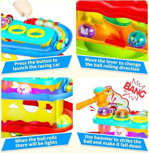 Miniatura 2 de Funwee 2 en 1 Juego de Bola Rodante y Rampa de Coches de Carreras para Niños Pequeños, Pista de Carreras con Martillo, Luces y Bolas que Caen, Juego