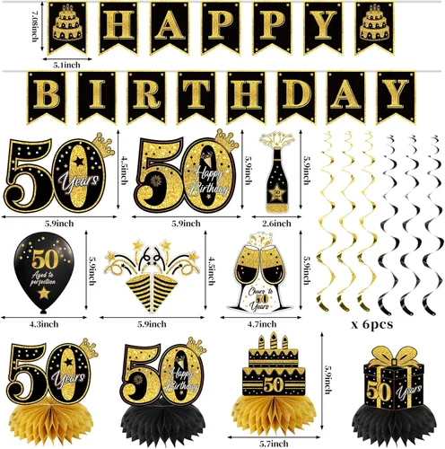 Miniatura 2 de Eucutur Kit de Decoración de 42 Piezas para Cumpleaños 50, para Hombres y Mujeres, Banner de Cumpleaños 50 Feliz en Oro Negro, Globos, Centro