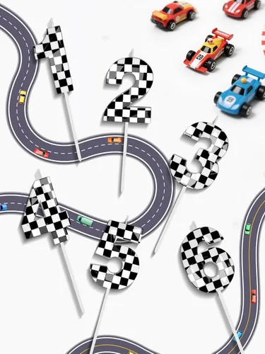 Miniatura 6 de Velas de cumpleaños de autos de carreras número 3, velas de cumpleaños a cuadros negros y blancos de 2.68 pulgadas, velas de números con temática