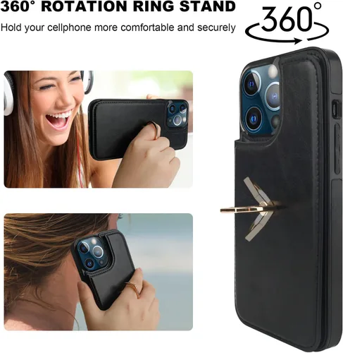 Miniatura 4 de ONETOP Funda tipo cartera para iPhone 13 Pro Max con soporte para tarjetas, anillo de rotación de 360°, función atril, bloqueo RFID, piel sintética