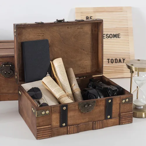 Miniatura 6 de Soul & Lane Cajas de madera con tapas con bisagras, juego de 2, baúles decorativos para almacenamiento y decoración del hogar, cofres del tesoro