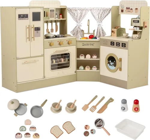 Miniatura 12 de HONEY JOY Juego de cocina esquinera para niños, cocina de madera definitiva para niños pequeños, lavadora, máquina de hielo, fregadero, microondas