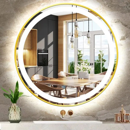 Miniatura 13 de Espejo de tocador redondo dorado con luces, luz frontal regulable de 3 colores, marco dorado de 16 pulgadas, espejo redondo iluminado para baño