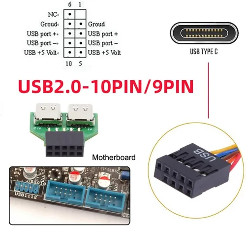 Miniatura 7 de Puertos duales USB 3.1 tipo C USB-C hembra a USB 2.0 placa madre 9pin 10pin adaptador de cabecera PCBA 480Mbps