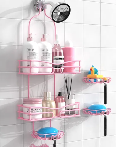 DAOYA Over the Shower Head Caddy Pink - Organizador de ducha colgante con 3 soportes para jabón, organizador de baño de acero inoxidable y