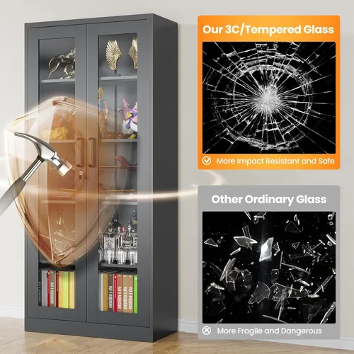 Miniatura 4 de Gabinete de exhibición con bloqueo con puerta de cristal, gabinetes Curio de metal de 71 pulgadas de alto con estantes ajustables, vitrina de licor