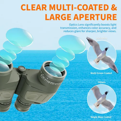 Miniatura 5 de Binoculares marinos de 10 x 50, binoculares impermeables flotantes IPX7 con brújula de telémetro iluminada, lente BAK4 Prism FMC para vela