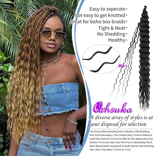 Miniatura 2 de QRHSUKA Pelo de ganchillo Ocean Wave de 24 pulgadas, 7 paquetes de cabello rizado ondulado profundo para mujeres negras, trenzas de ganchillo
