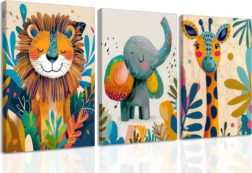 3 piezas de lienzo de animales de safari para guardería, arte de pared, lindo elefante acuarela, jirafa, león, decoración de pared, coloridos Póster