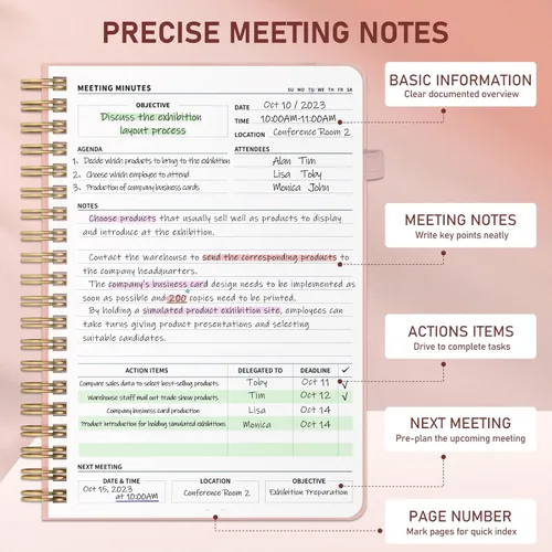 Miniatura 3 de WEMATE Cuaderno de reuniones para el trabajo B5 (7"x10") - Cuaderno de trabajo de cuero PU con agenda, elementos de acción y notas - 200 páginas Oro