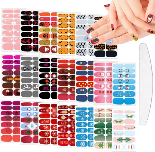Miniatura 7 de 16 hojas de tiras de esmalte de uñas de Navidad, autoadhesivas, luces de árbol de Navidad, copo de nieve, muñeco de nieve, calcomanías de uñas
