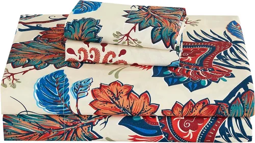 Miniatura 2 de Chezmoi Collection Paradise - Juego de sábanas florales de 3 piezas, multicolor, azul, rojo, naranja, crema, de microfibra con bolsillo profundo