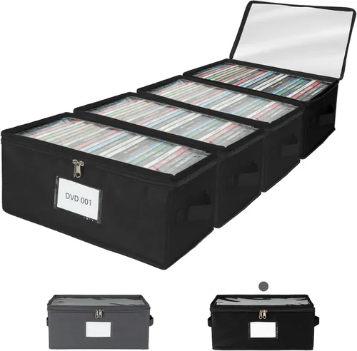 Miniatura 11 de Paquete de 2 cajas de almacenamiento de tela para DVD con tapa de PVC transparente, capacidad para 25 fundas de DVD estándar, tela no tejida