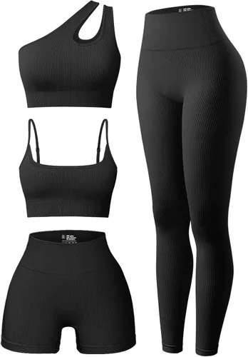 OQQ Conjunto deportivo de 4 piezas para mujer, acanalado, con cuello redondo, con un hombro, pantalones cortos de cintura alta, leggings